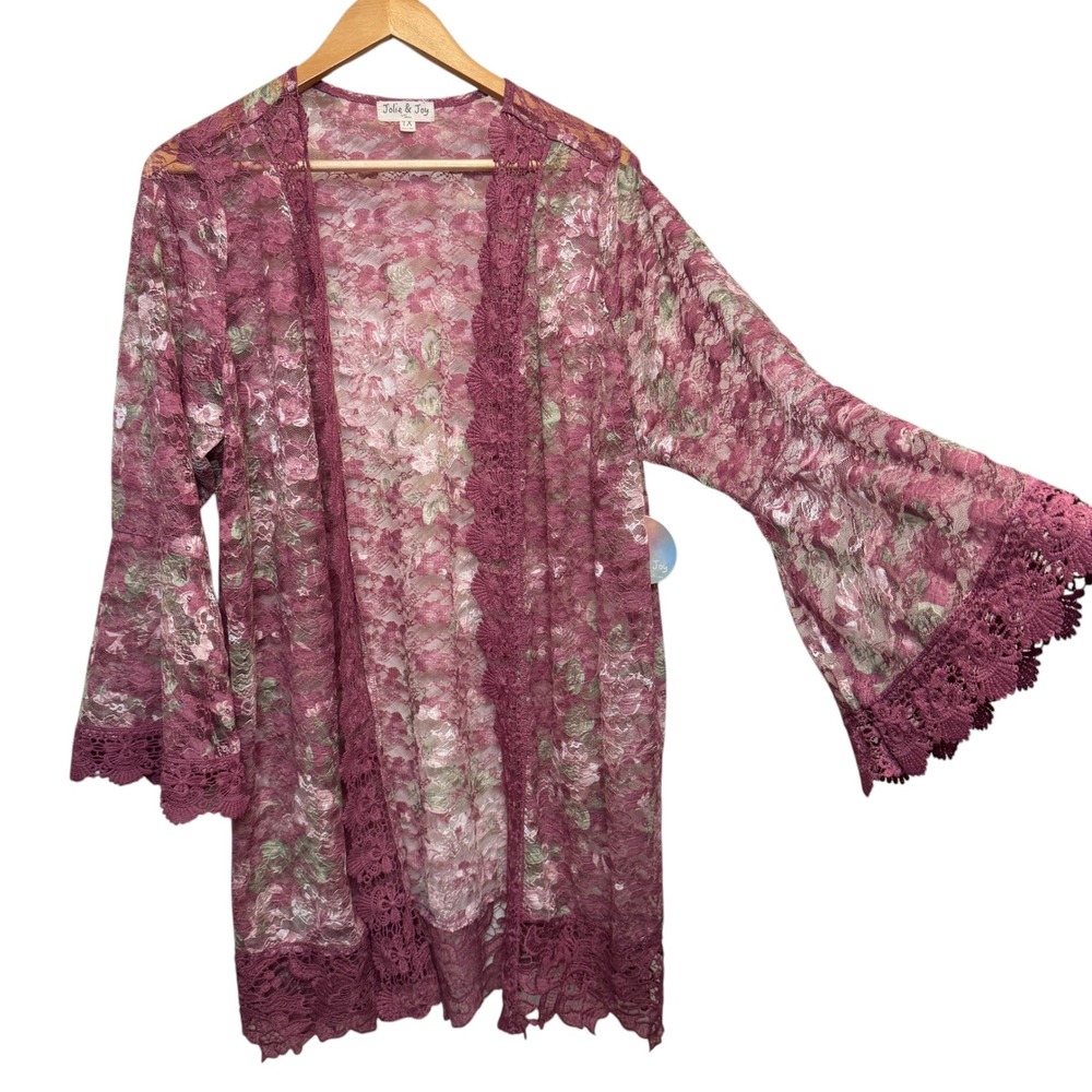 Jolie & Joy Womens Floral Lace Kimono 1X Mauve Bell Sleeve Boho Lace Romantic